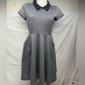 Maison Jules Black White Houndstooth Embellished Collar Fit & Flare Dress